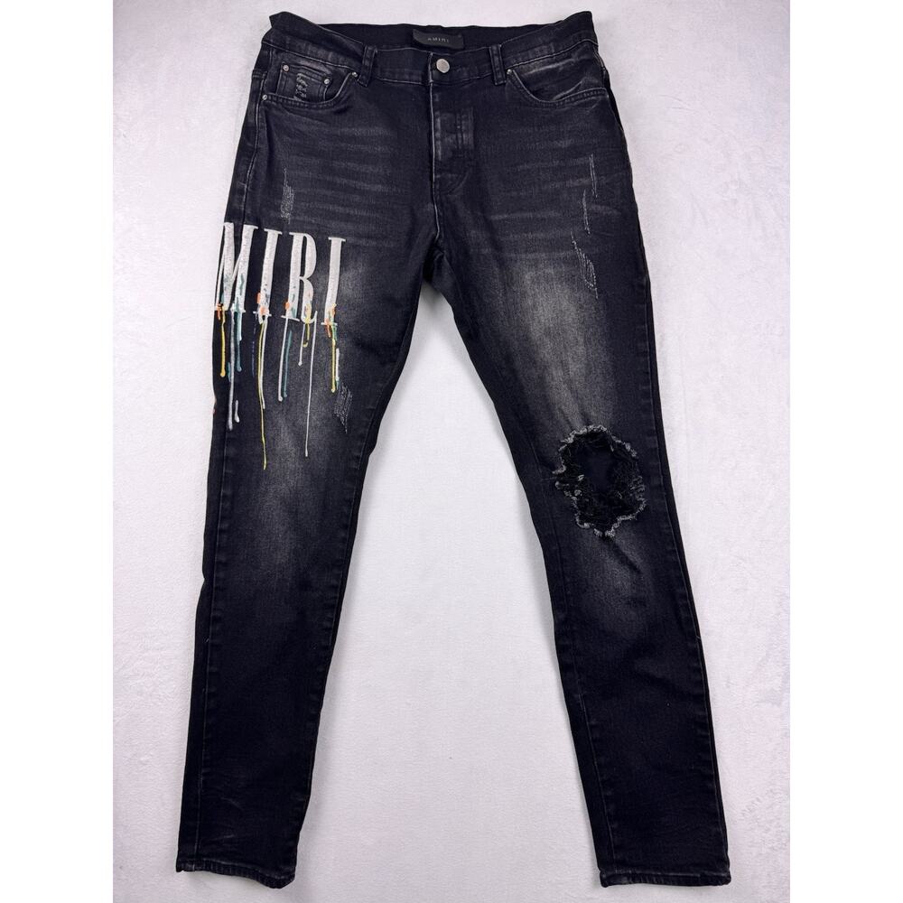 AMIRI Paint Drip Logo Jeans Aged Black Colorful Graphic Size 32 Distressed